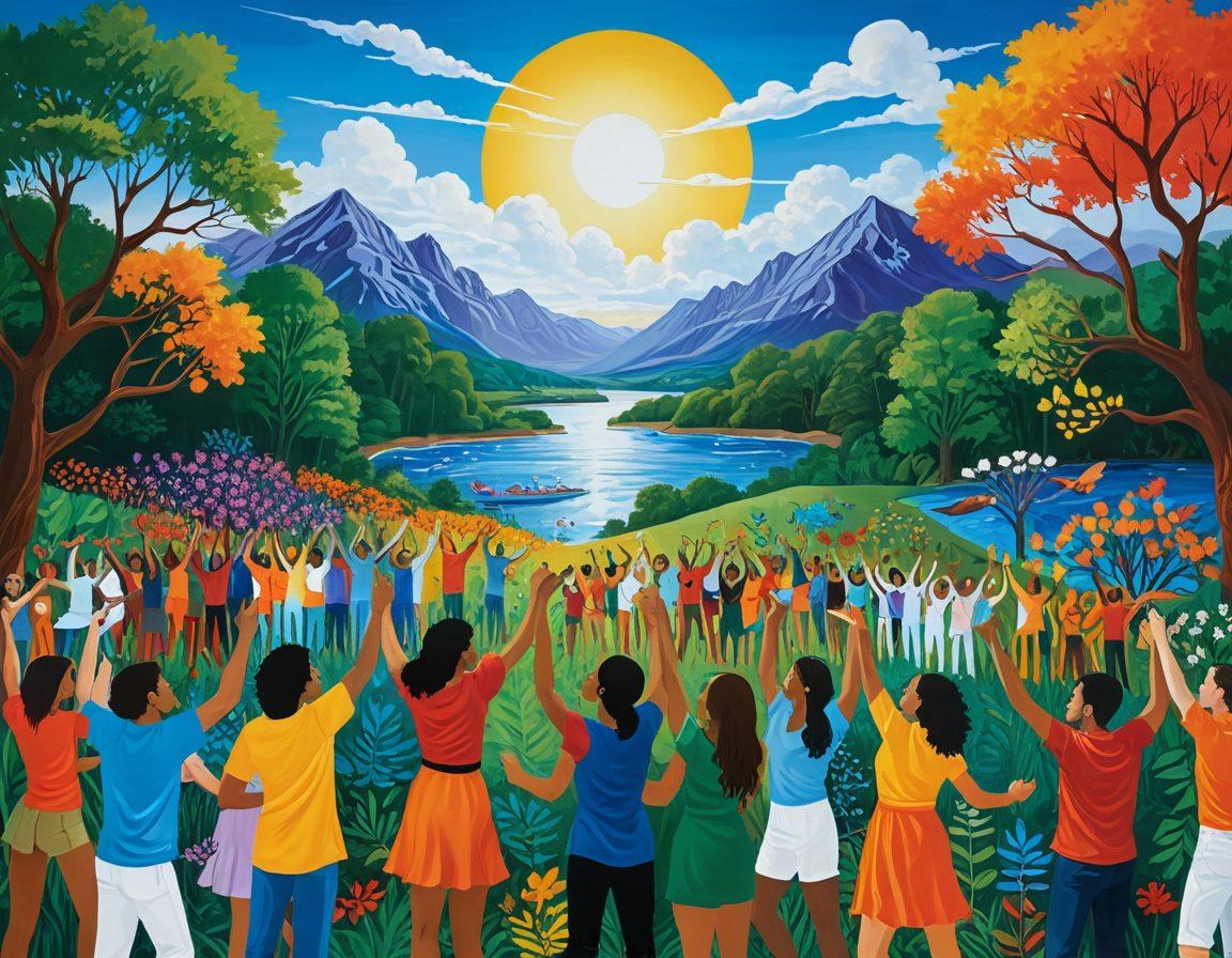 A dynamic mural depicting artists painting powerful symbols of nature and activism, with vibrant colors representing diversity and unity. The background features a lush landscape with intertwined hands holding paintbrushes, symbolizing collaboration for sustainability. Include diverse individuals engaged in various art forms, such as painting, dancing, and music-making, set under a bright blue sky. Illustrate a sense of community and passion for environmental change. vibrant colors. super-realistic.