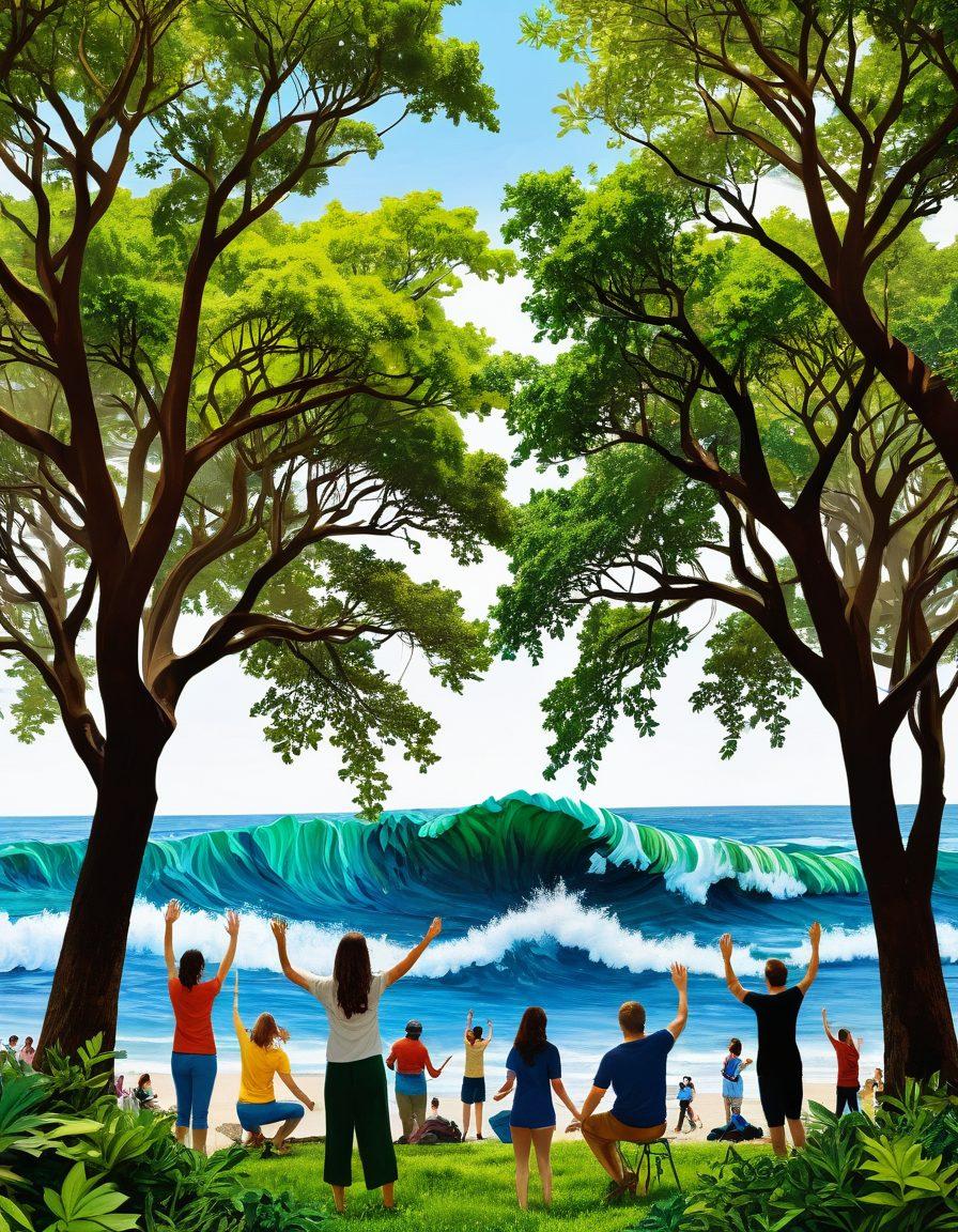 A vibrant collage of environmental art pieces such as a mural of lush green trees intertwined with hands reaching for the sky, sculptures made from recycled materials, and installations featuring ocean waves made of plastic. In the background, a diverse group of people gather, engaged in discussions and admiring the art. The scene is filled with bright, hopeful colors to convey a sense of action and awareness about climate change. super-realistic. vibrant colors. white background.