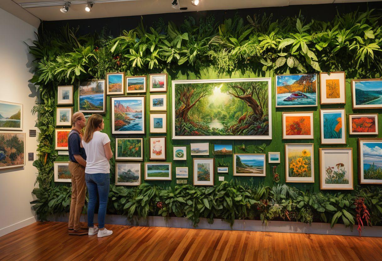 A vibrant collage of eco-conscious art pieces displayed on a gallery wall, with a diverse group of activists engaging and discussing passionately in front of them. Lush greenery and recycled materials incorporated into the artworks symbolize nature and sustainability. The atmosphere is energetic and inspiring, highlighting the connection between art and climate advocacy. super-realistic. vibrant colors. dynamic composition.